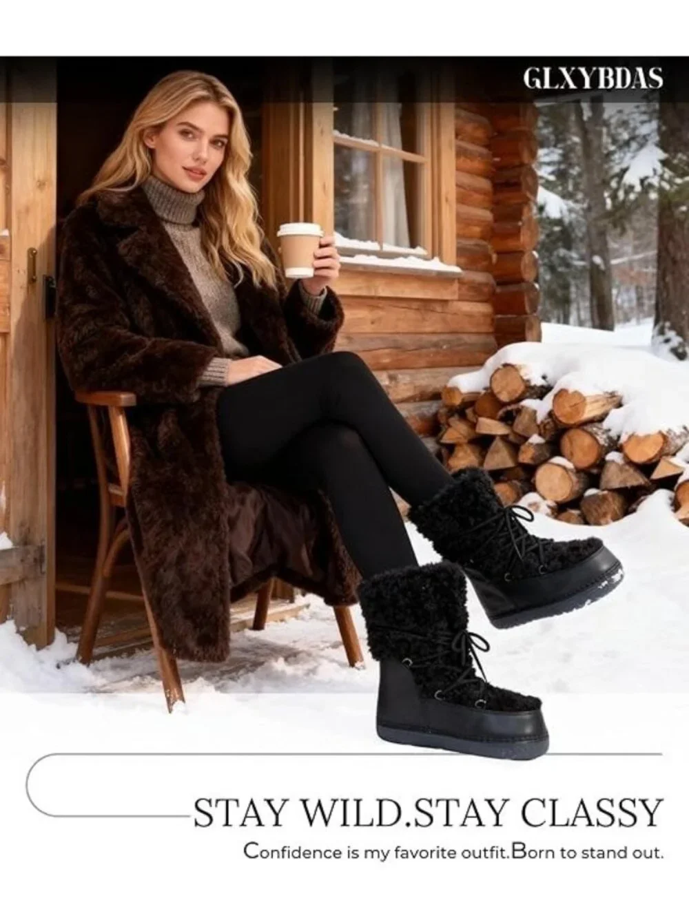 Glxybdas Size 5 Snow Boots Faux Fur Waterproof Insulated Black Winter Warm